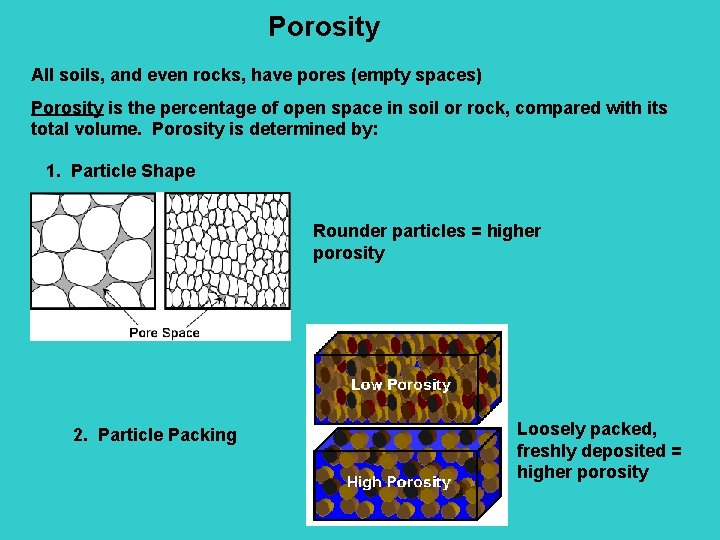 Porosity All soils, and even rocks, have pores (empty spaces) Porosity is the percentage