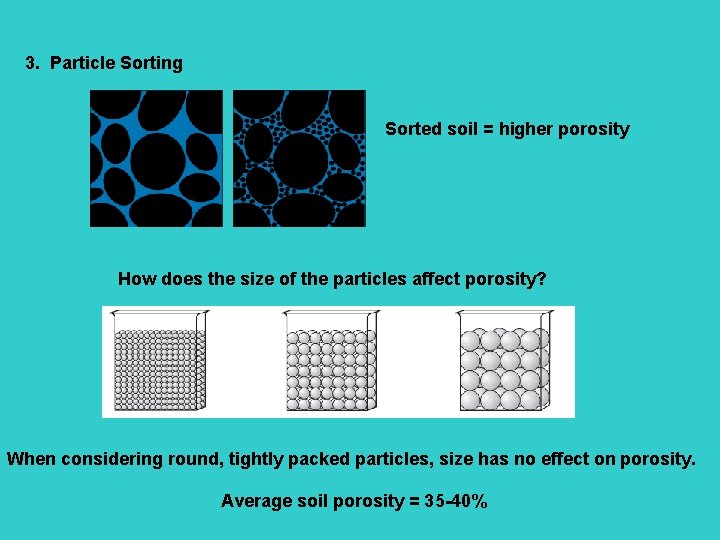 3. Particle Sorting Sorted soil = higher porosity How does the size of the