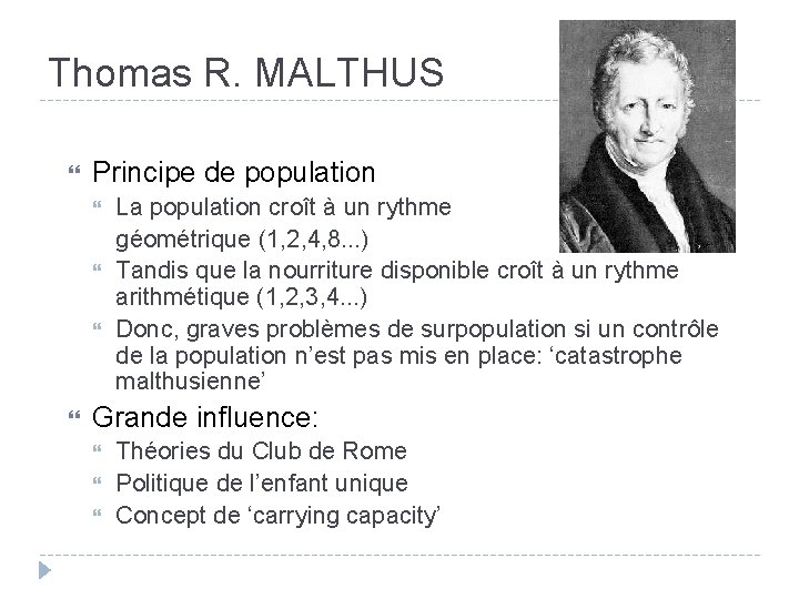 Thomas R. MALTHUS Principe de population La population croît à un rythme géométrique (1,