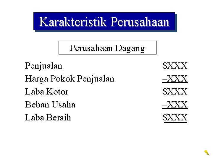 Karakteristik Perusahaan Dagang Penjualan Harga Pokok Penjualan Laba Kotor Beban Usaha Laba Bersih $XXX