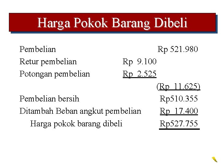 Harga Pokok Barang Dibeli Pembelian Retur pembelian Potongan pembelian Rp 521. 980 Rp 9.