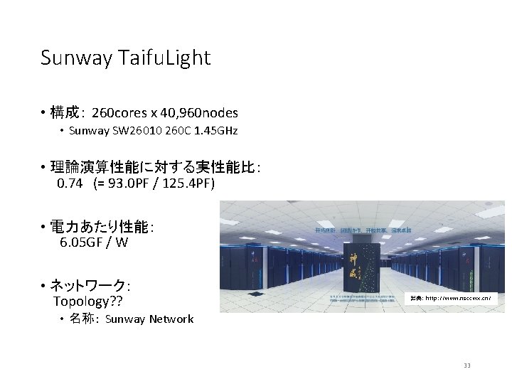 Sunway Taifu. Light • 構成： 260 cores x 40, 960 nodes • Sunway SW