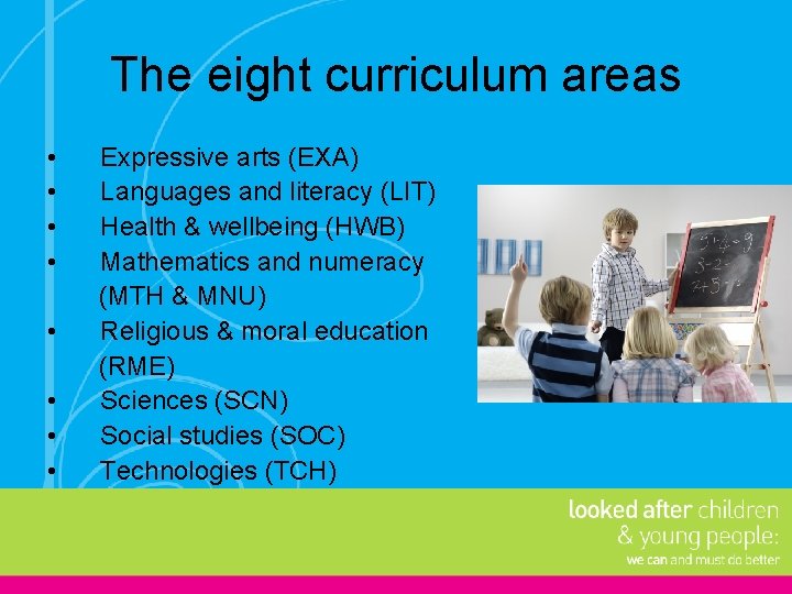 The eight curriculum areas • • Expressive arts (EXA) Languages and literacy (LIT) Health