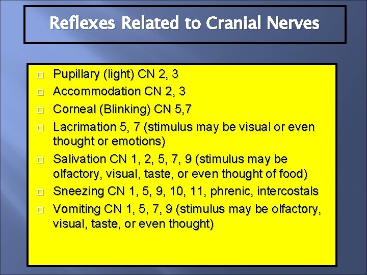 Reflexes Related to Cranial Nerves Pupillary (light) CN 2, 3 Accommodation CN 2, 3