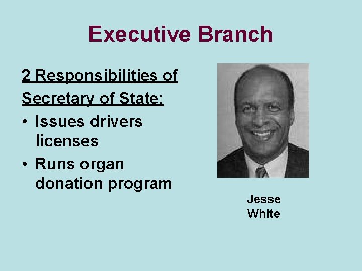 Executive Branch 2 Responsibilities of Secretary of State: • Issues drivers licenses • Runs