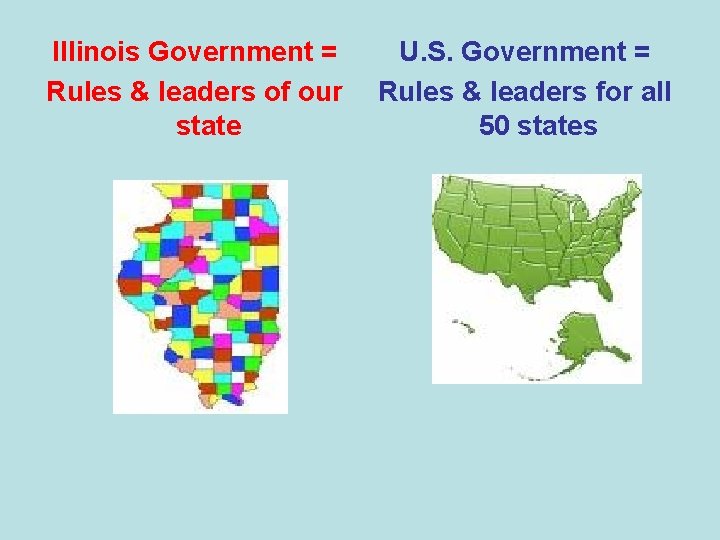 Illinois Government = Rules & leaders of our state U. S. Government = Rules