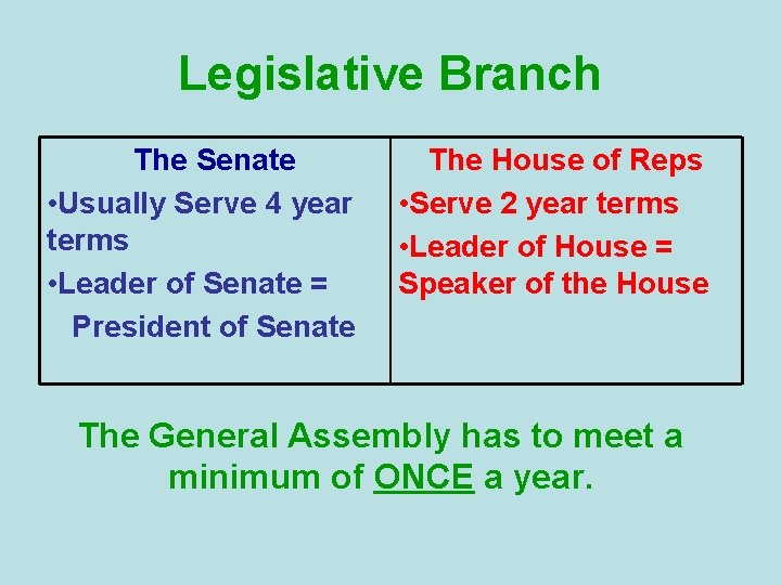 Legislative Branch The Senate • Usually Serve 4 year terms • Leader of Senate