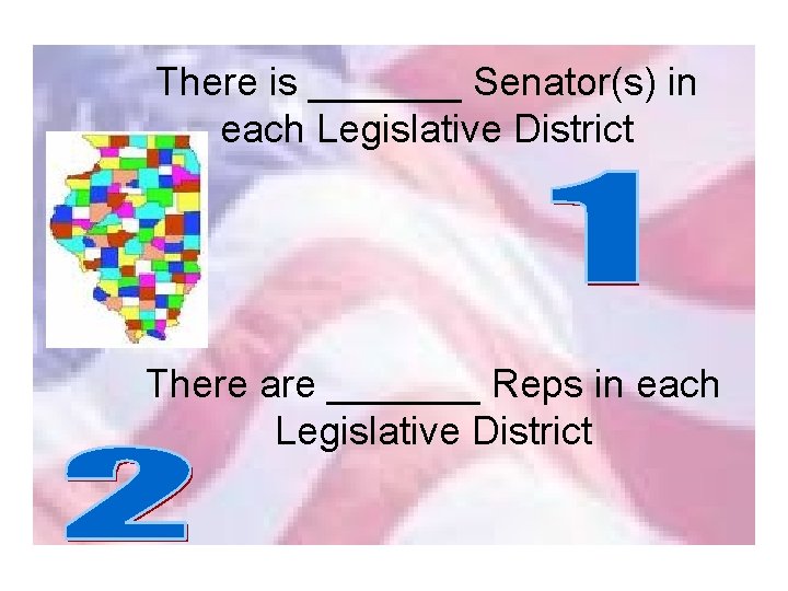 There is _______ Senator(s) in each Legislative District There are _______ Reps in each