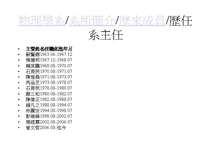 物理學系/系所簡介/歷來成員/歷任 系主任 • • • • 主管姓名任職起迄年月 蘇賢錫 1963. 06 -1967. 12 張建邦 1967.