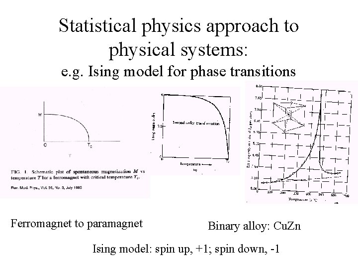 Statistical physics approach to physical systems: e. g. Ising model for phase transitions Ferromagnet