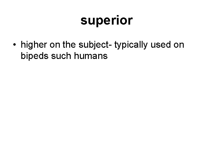 superior • higher on the subject- typically used on bipeds such humans superior • higher on the subject- typically used on bipeds such humans