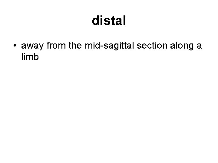 distal • away from the mid-sagittal section along a limb 