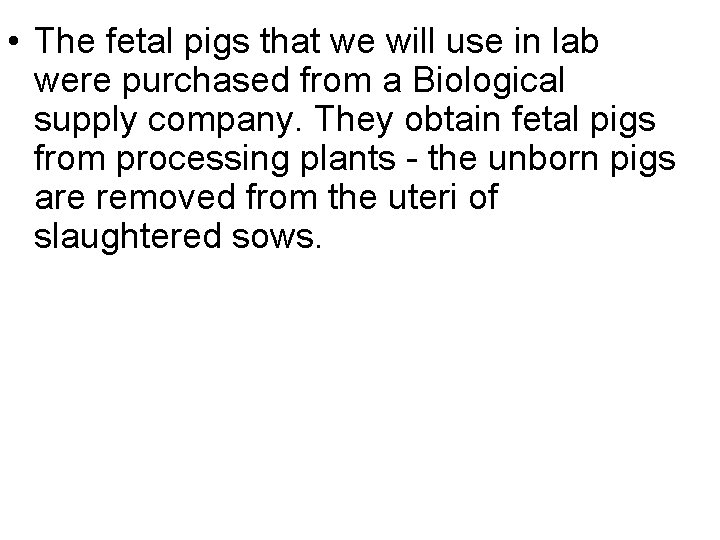  • The fetal pigs that we will use in lab were purchased from