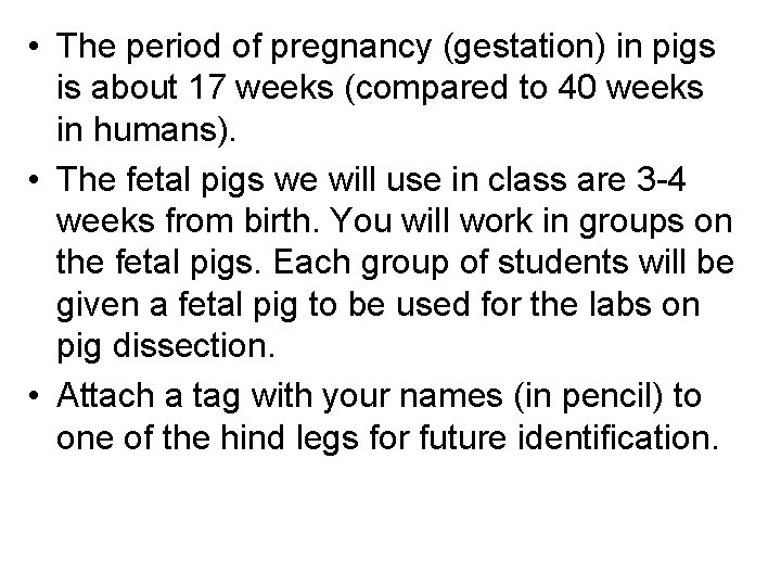  • The period of pregnancy (gestation) in pigs is about 17 weeks (compared