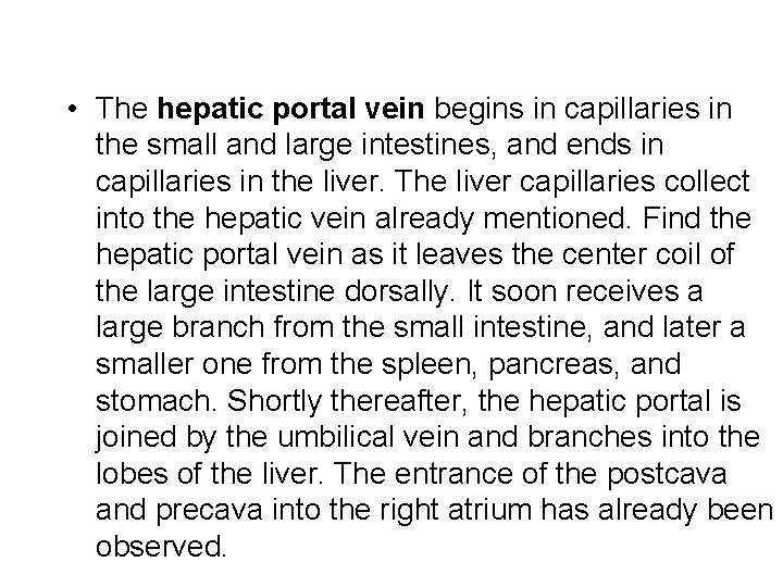  • The hepatic portal vein begins in capillaries in the small and large