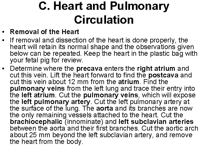 C. Heart and Pulmonary Circulation • Removal of the Heart • If removal and