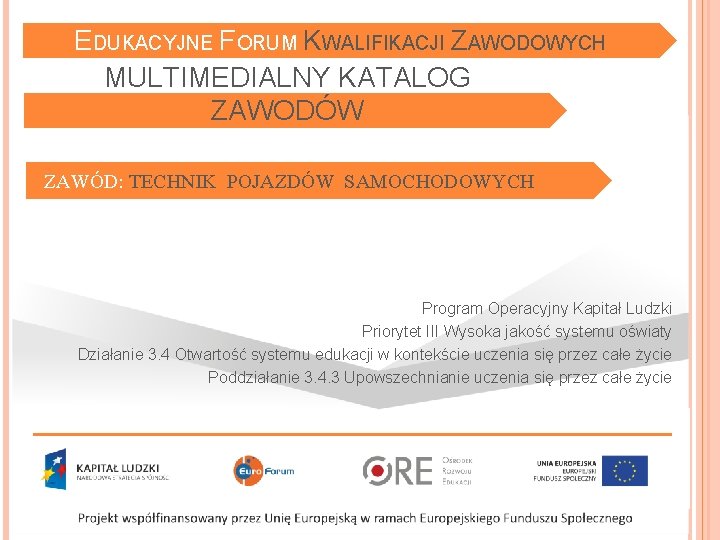 EDUKACYJNE FORUM KWALIFIKACJI ZAWODOWYCH MULTIMEDIALNY KATALOG ZAWODÓW ZAWÓD: TECHNIK POJAZDÓW SAMOCHODOWYCH Program Operacyjny Kapitał