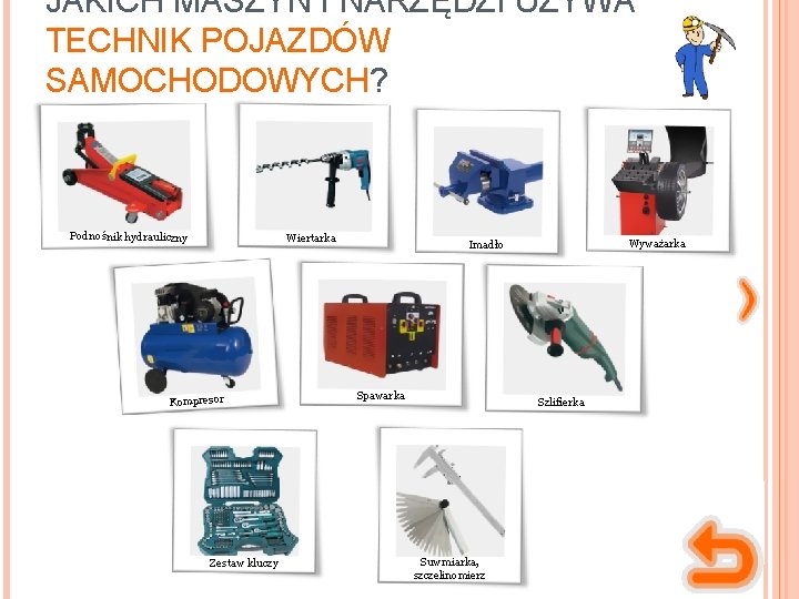 JAKICH MASZYN I NARZĘDZI UŻYWA TECHNIK POJAZDÓW SAMOCHODOWYCH? Podnośnik hydrauliczny Wiertarka Kompresor Zestaw kluczy