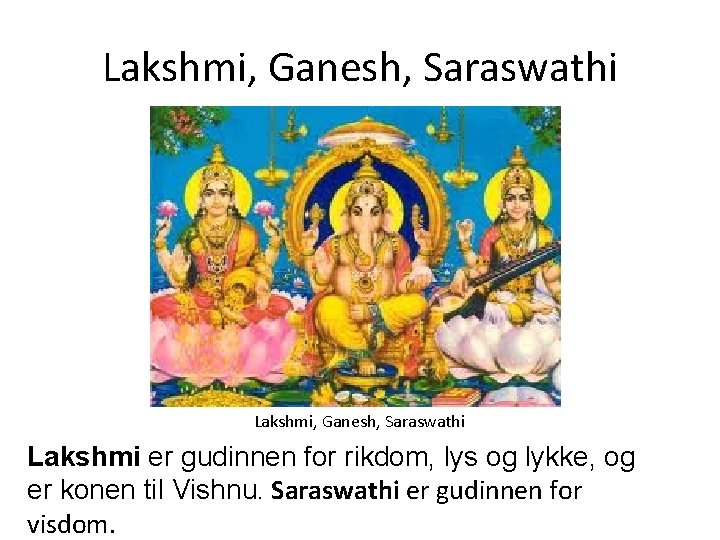 Lakshmi, Ganesh, Saraswathi Lakshmi er gudinnen for rikdom, lys og lykke, og er konen