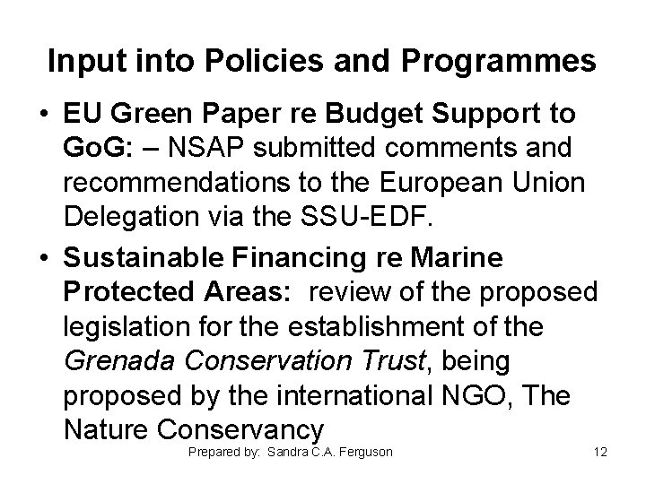 Input into Policies and Programmes • EU Green Paper re Budget Support to Go.
