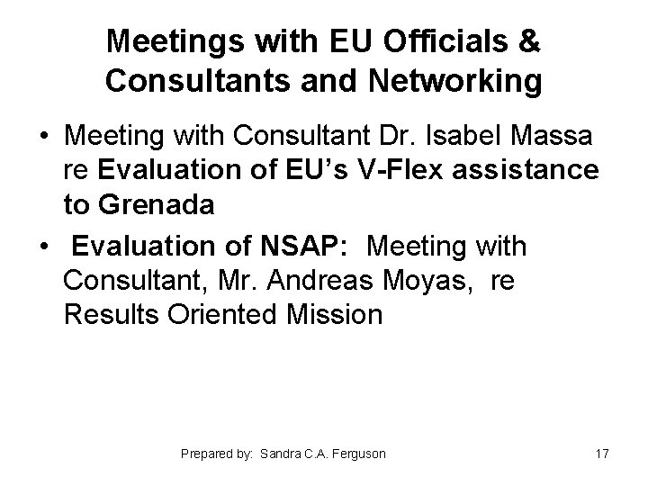 Meetings with EU Officials & Consultants and Networking • Meeting with Consultant Dr. Isabel