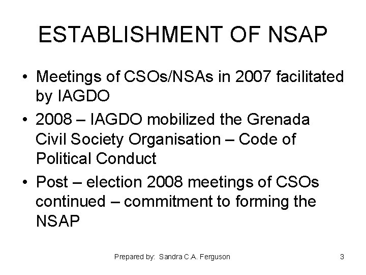 ESTABLISHMENT OF NSAP • Meetings of CSOs/NSAs in 2007 facilitated by IAGDO • 2008