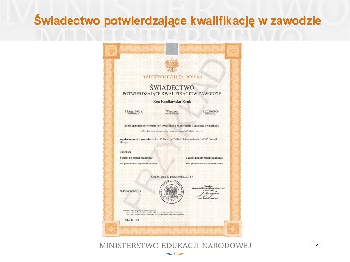 Świadectwo potwierdzające kwalifikację w zawodzie 14 