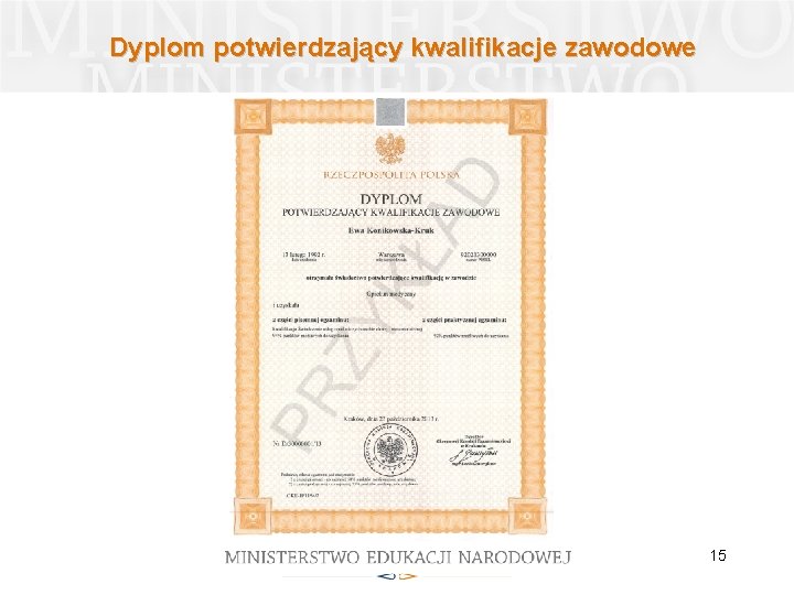 Dyplom potwierdzający kwalifikacje zawodowe 15 