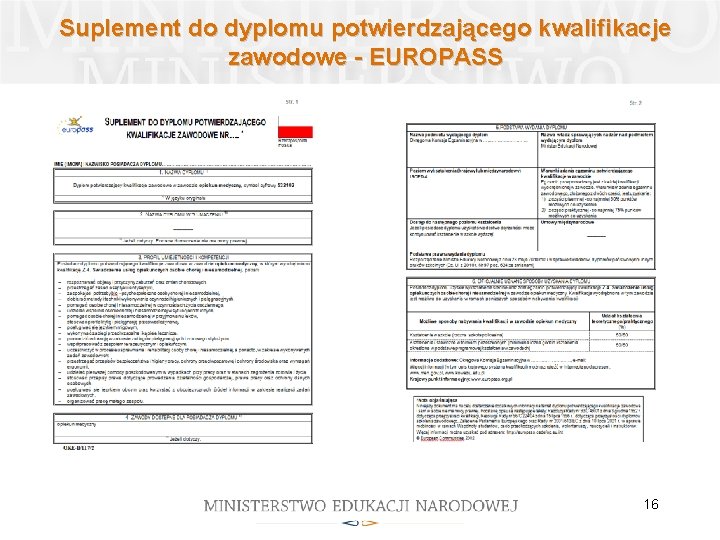 Suplement do dyplomu potwierdzającego kwalifikacje zawodowe - EUROPASS 16 