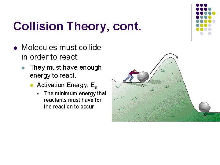 Collision Theory, cont. l Molecules must collide in order to react. l They must