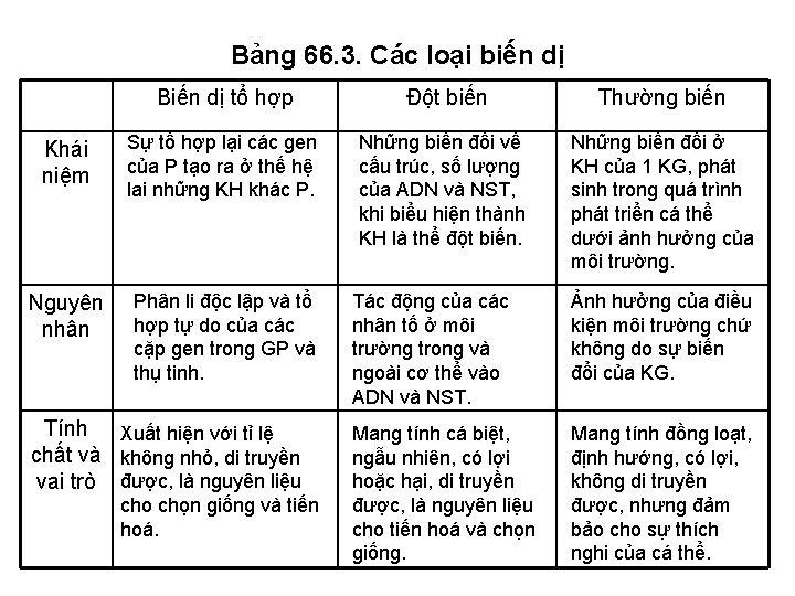 Bảng 66. 3. Các loại biến dị Biến dị tổ hợp Đột biến Thường