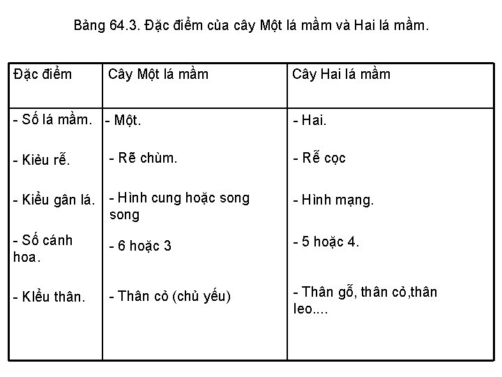 Bảng 64. 3. Đặc điểm của cây Một lá mầm và Hai lá mầm.