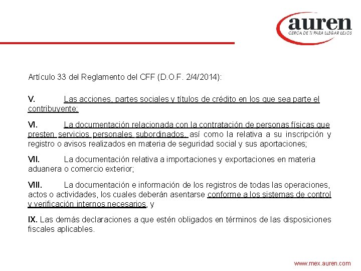 Artículo 33 del Reglamento del CFF (D. O. F. 2/4/2014): V. Las acciones, partes