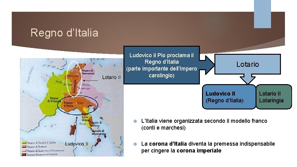 Regno d’Italia Ludovico il Pio proclama il Regno d’Italia (parte importante dell’Impero carolingio) Lotario Regno d’Italia Ludovico il Pio proclama il Regno d’Italia (parte importante dell’Impero carolingio) Lotario