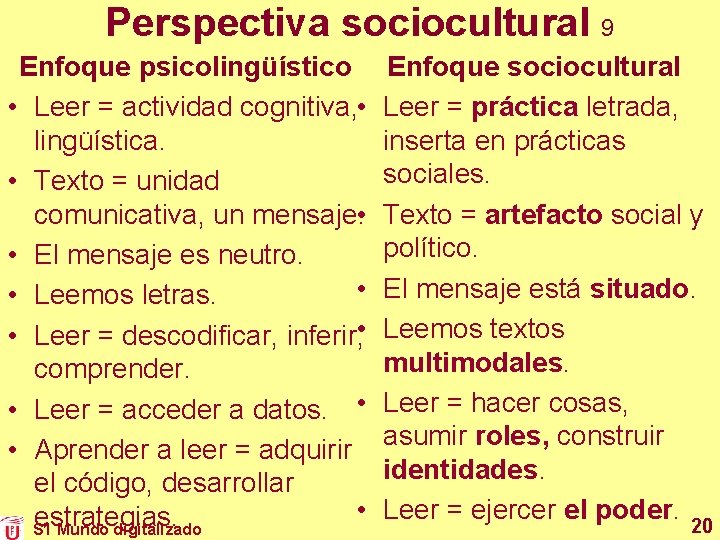 Perspectiva sociocultural 9 Enfoque psicolingüístico • Leer = actividad cognitiva, • lingüística. • Texto