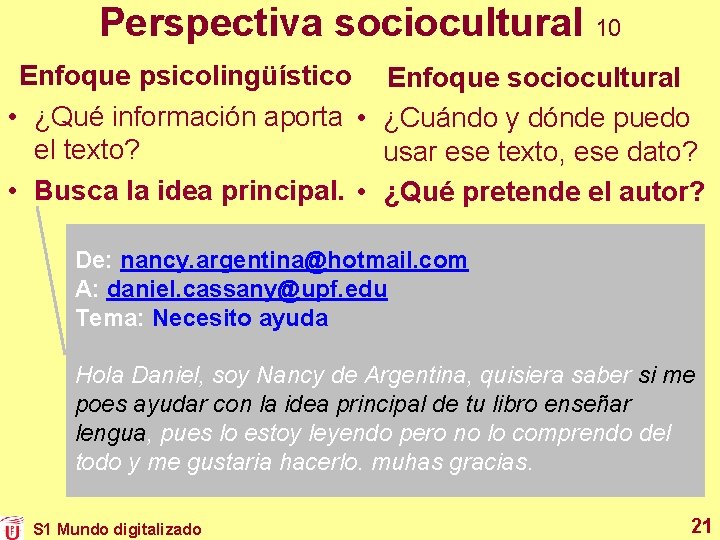 Perspectiva sociocultural 10 Enfoque psicolingüístico • ¿Qué información aporta • el texto? • Busca