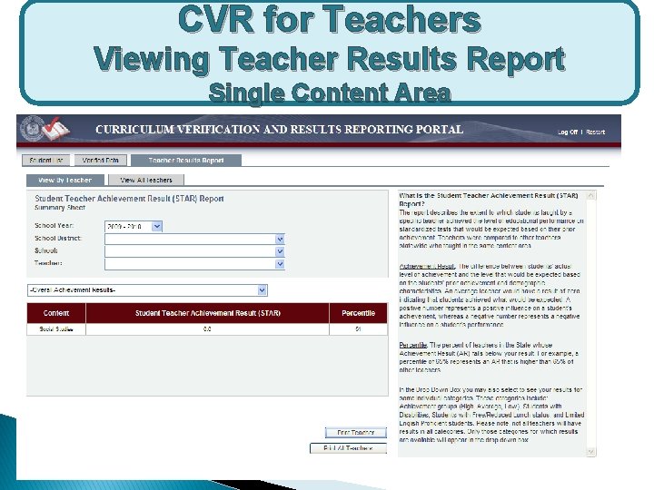 CVR for Teachers Viewing Teacher Results Report Single Content Area 