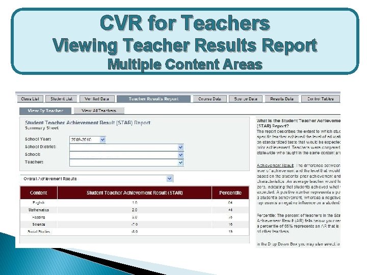 CVR for Teachers Viewing Teacher Results Report Multiple Content Areas 