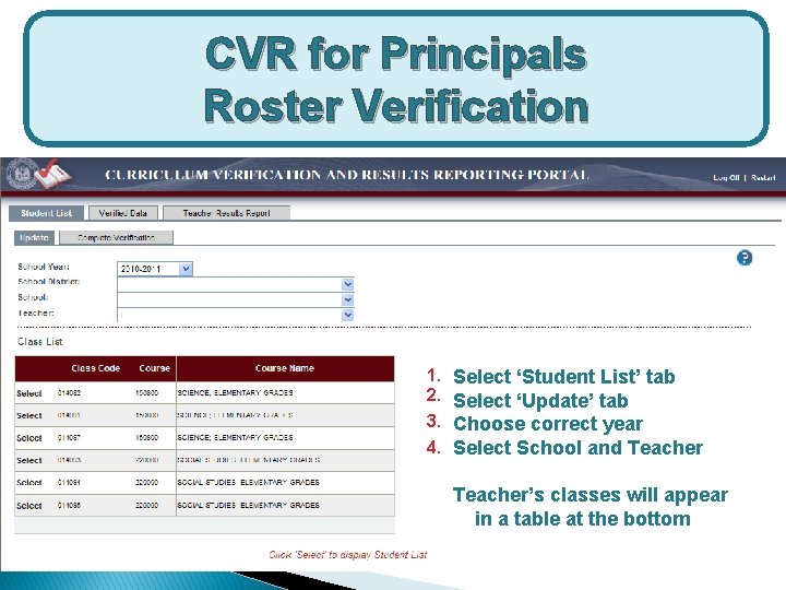 CVR for Principals Roster Verification 1. 2. 3. 4. Select ‘Student List’ tab Select