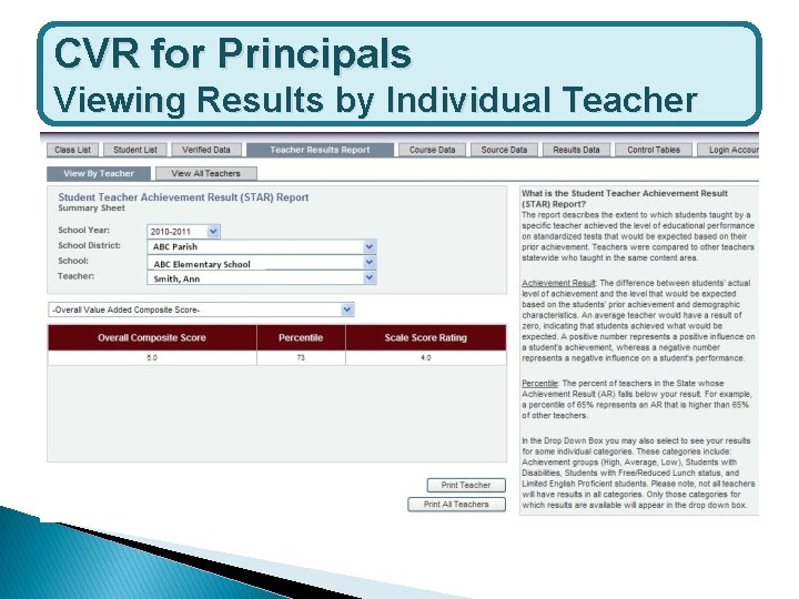 CVR for Principals Viewing Results by Individual Teacher 