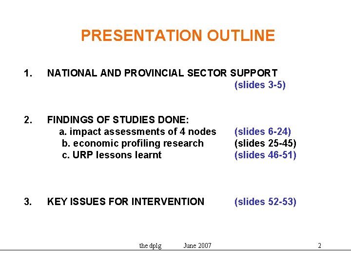 PRESENTATION OUTLINE 1. NATIONAL AND PROVINCIAL SECTOR SUPPORT (slides 3 -5) 2. FINDINGS OF