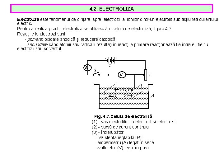 4. 2. ELECTROLIZA Electroliza este fenomenul de dirijare spre electrozi a ionilor dintr-un electrolit 4. 2. ELECTROLIZA Electroliza este fenomenul de dirijare spre electrozi a ionilor dintr-un electrolit