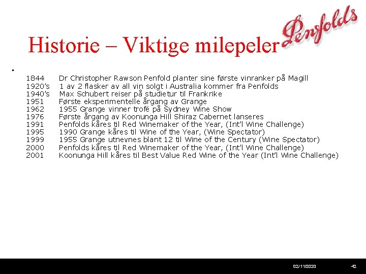 Historie – Viktige milepeler • 1844 1920’s 1940’s 1951 1962 1976 1991 1995 1999