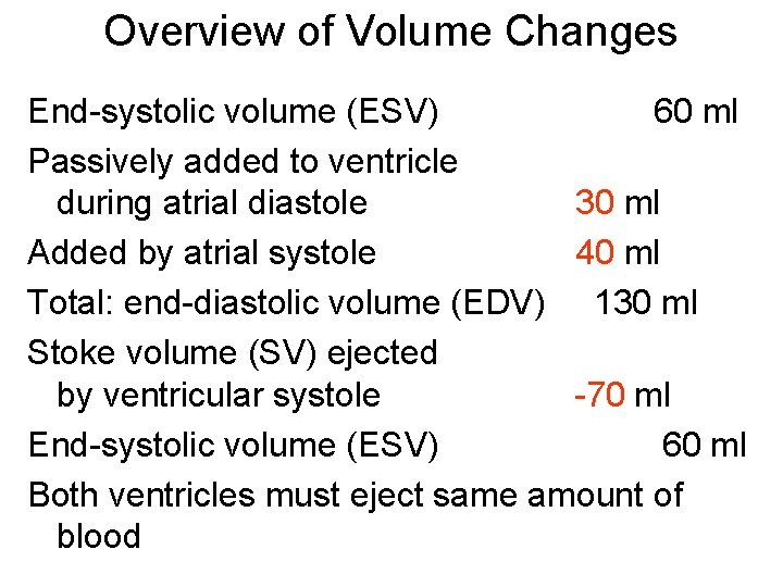 Overview of Volume Changes End-systolic volume (ESV) 60 ml Passively added to ventricle during