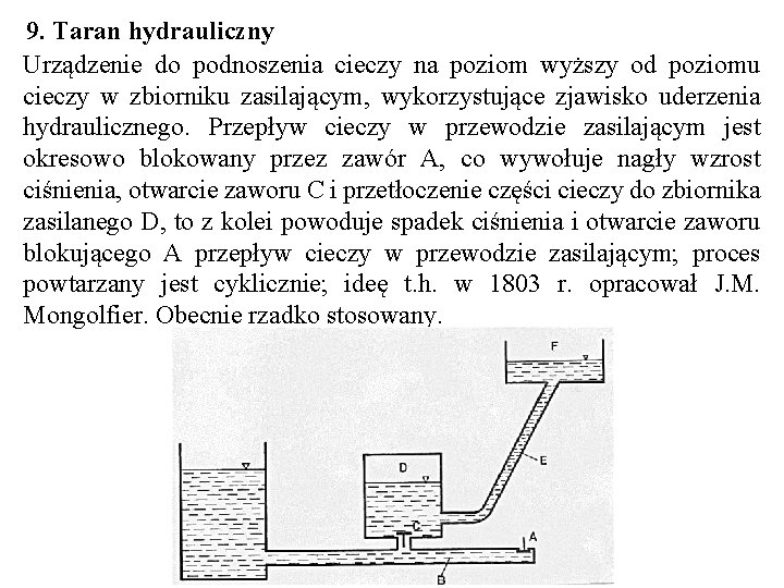 9. Taran hydrauliczny Urządzenie do podnoszenia cieczy na poziom wyższy od poziomu cieczy w