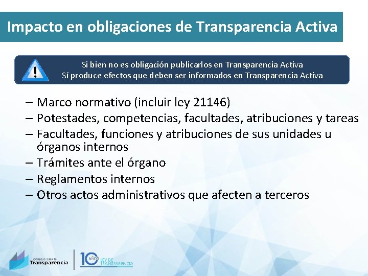 Impacto en obligaciones de Transparencia Activa Si bien no es obligación publicarlos en Transparencia