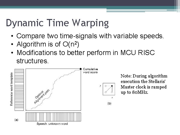 Dynamic Time Warping • Compare two time-signals with variable speeds. • Algorithm is of