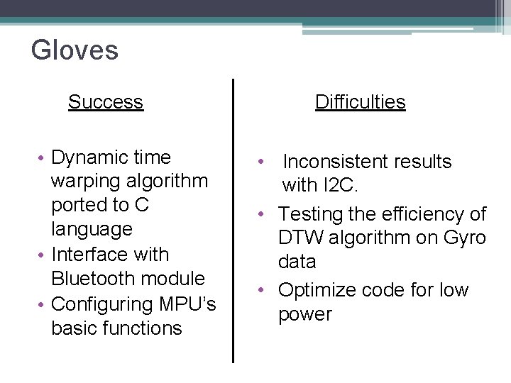 Gloves Success • Dynamic time warping algorithm ported to C language • Interface with