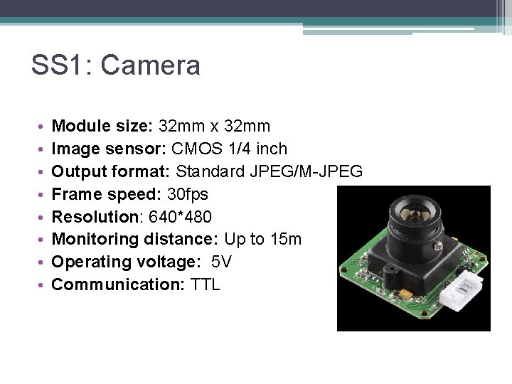SS 1: Camera • • Module size: 32 mm x 32 mm Image sensor: