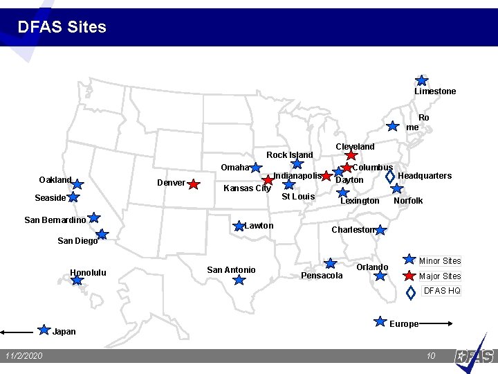 DFAS Sites Limestone Ro me Rock Island Omaha Oakland Denver Kansas City Seaside San